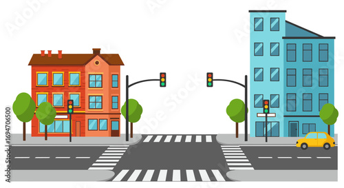 Urban street intersection with traffic lights and buildings