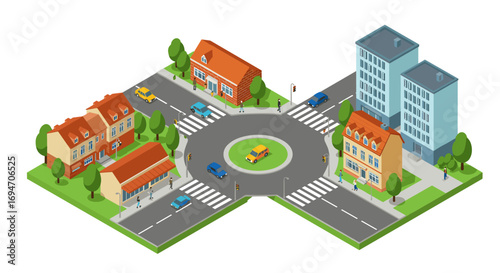 Isometric city block with roundabout, buildings, and streets