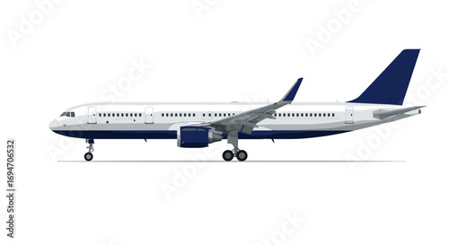 Realistic airplane side view featuring commercial jet with blue details