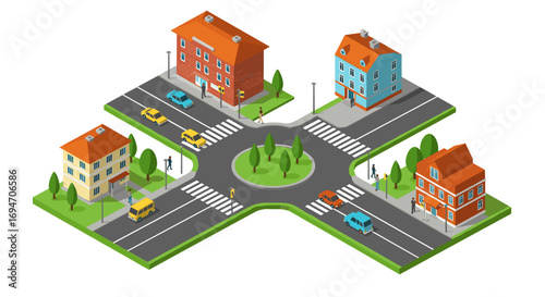 Isometric city intersection with colorful buildings and vehicles