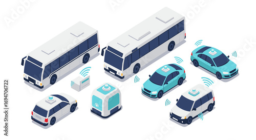 Autonomous transport fleet in isometric style with connected technology