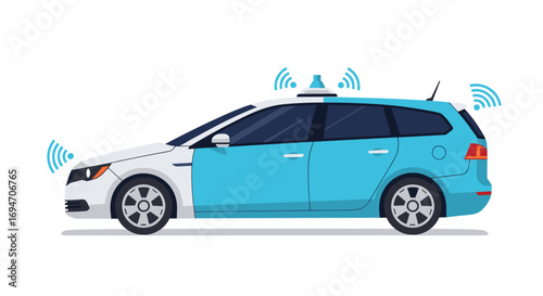 Modern autonomous car with sensors and gps technology on white background