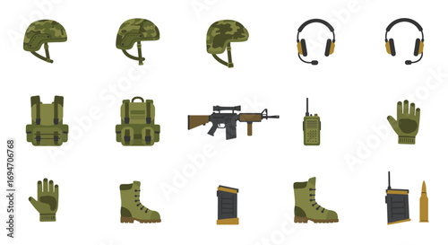 Military gear icons set featuring helmets, headsets, backpacks, and tactical equipment in flat design