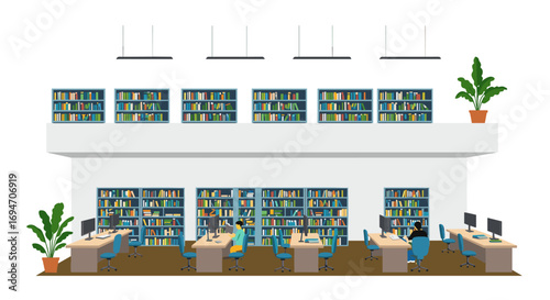 Modern library workspace with bookshelves and computers