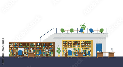 Modern library interior with shelves and workspace in minimalist flat design
