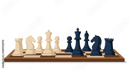 Classic chess set on wooden board with detailed pieces in a strategic matchup
