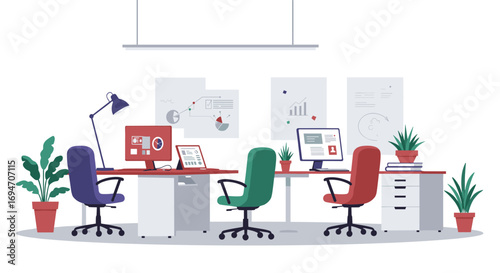 Modern office workspace with desks, chairs, and plants in flat design