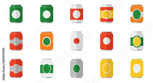 Flat style colorful soda cans set with minimalist designs on white background
