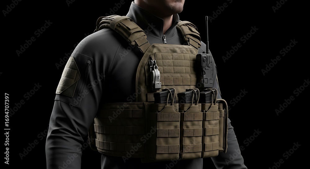 Fototapeta premium Closeup of a tactical vest with molle system, showcasing military gear, equipment, and protection for law enforcement and security personnel in action