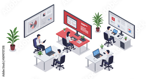 Modern office workspace with employees and technology in isometric design