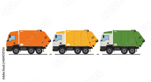 Colorful garbage trucks side view on white background