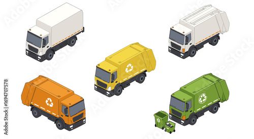 Colorful isometric city garbage trucks set for waste management and recycling