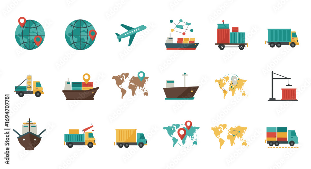 Fototapeta premium Global shipping icons set: flat logistics and transportation symbols