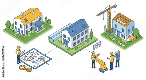 Isometric construction process: planning, building, and completing residential homes