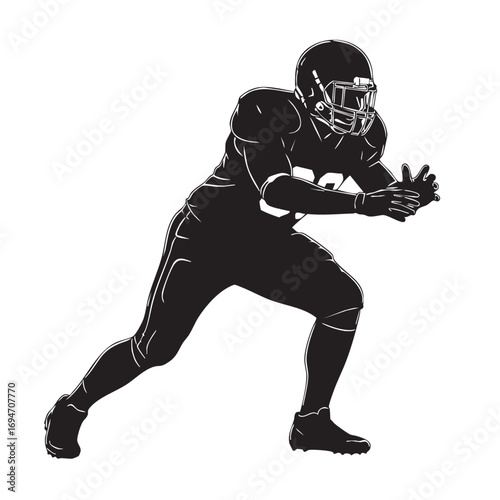 Vector Illustration of American Football Player in Dynamic Pose in Modern Style with Black and White Color Scheme