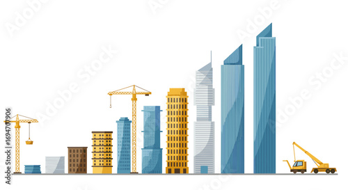 Modern cityscape with skyscrapers and cranes in minimalist flat design