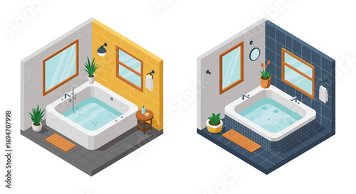 Modern isometric bathroom designs featuring bathtubs and indoor plants