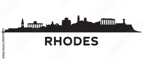 Rhodes skyline horizontal banner. Black and white silhouette of Rhodes, Greece. Vector black silhouette. with white background