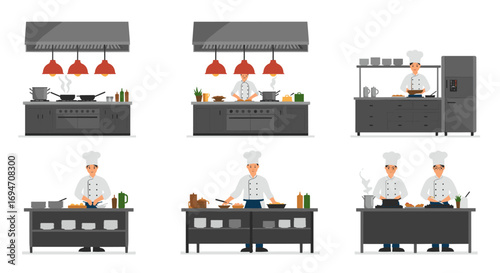 Chef cooking in modern kitchen with appliances and ingredients