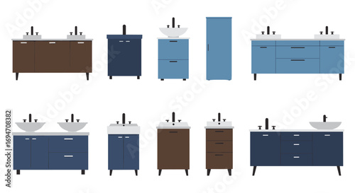 Modern bathroom furniture set with sinks and storage cabinets in minimalist design