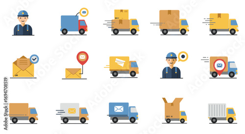 Delivery services and logistics icons in flat design with transport vehicles and envelopes