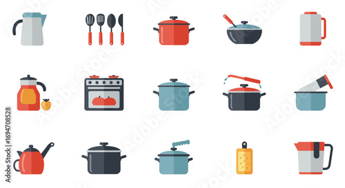 Modern kitchenware flat design with diverse cookware icons set