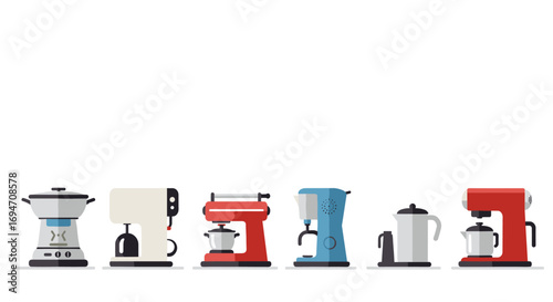 Modern kitchen appliance collection: flat design coffee makers and mixers