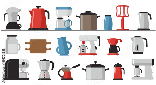 Modern kitchen appliance collection in flat style with various tools and gadgets