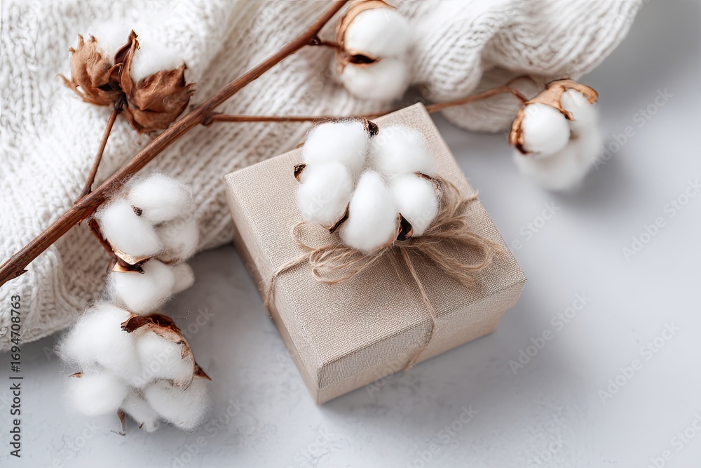 Fototapeta premium A gift box adorned with cotton bolls rests upon a light gray surface, with a soft white knitted fabric in the background