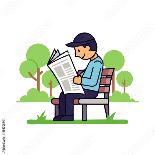 Man reading newspaper in park, enjoying leisure time, good news, relaxing outdoors, happy mood