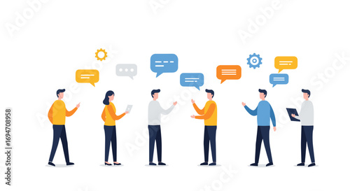Diverse group of flat style people engaging in conversations with speech bubbles