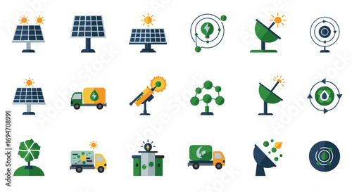 Sustainable energy icons set featuring solar panels and eco-friendly technology