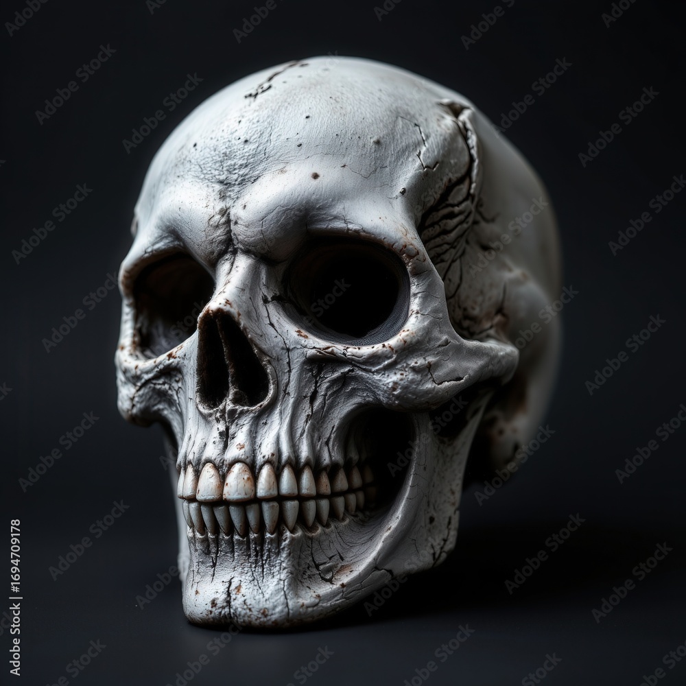 Fototapeta premium Realistic human skull on dark background for educational use