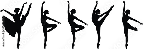 Ballet Dancer Silhouettes in Varied Classical Poses on Pointe for Performing Arts, Lifestyle, and Design Content on White Background