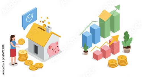 Isometric financial growth and savings concept with coins and graphs