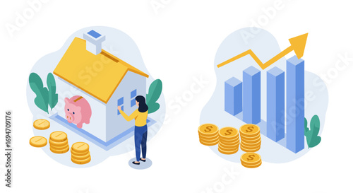 Financial growth and savings concept with piggy bank and graphs