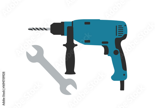 A blue drill and gray wrench lie on a white background