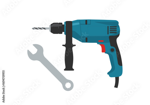 A blue electric drill with a black handle and a gray wrench on a white background