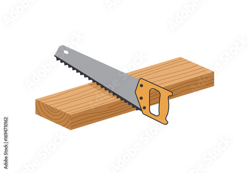 A hand saw cuts a wood plank showcasing woodworking or construction