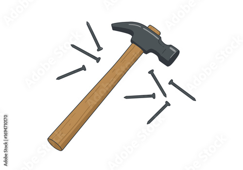 A hammer surrounded by nails on a white background