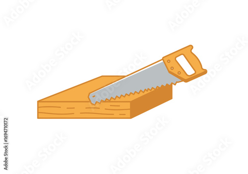 A hand saw cutting a plank of wood featuring a light background