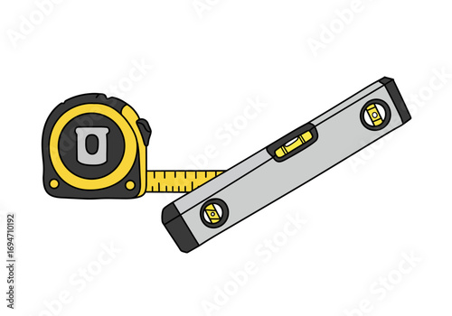 A measuring tape extends to a level angled in front of it