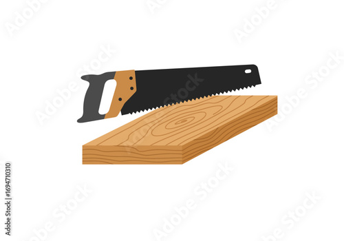 A saw cuts a rectangular piece of wood with a visible woodgrain pattern