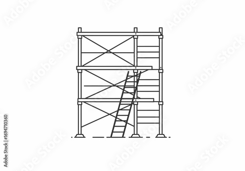 A twostory scaffolding with a ladder stands against a plain white backdrop