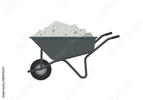 A wheelbarrow filled with grey stones on a white background