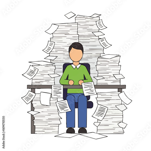Overwhelmed professional buried in paperwork at desk, stress and workload concept, flat design