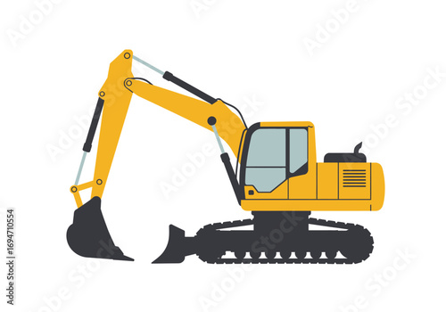 A yellow excavator with a black bucket and treads is positioned against a white background