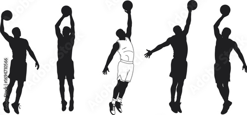 Basketball Player Silhouettes in Slam Dunk Poses with Ball and Uniform Details on White Background for Sports Design Content