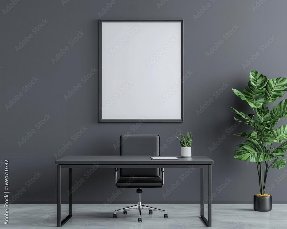Fototapeta premium Executive workspace with matte black desk and minimalist art