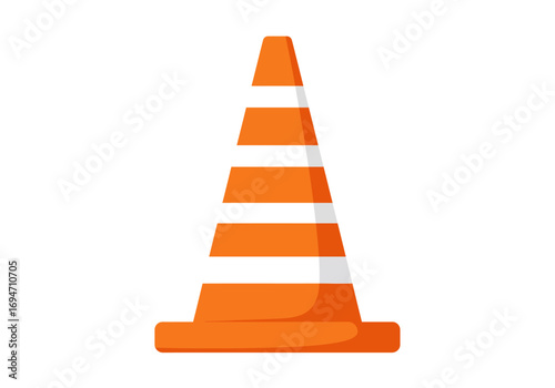 An orange traffic cone with white stripes stands alone on a plain white background